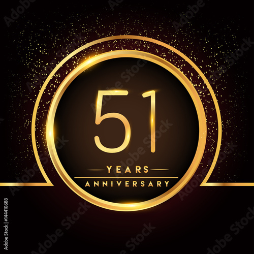 fifty one years birthday celebration logotype. 51st anniversary logo with confetti and golden ring isolated on black background, vector design for greeting card and invitation card.