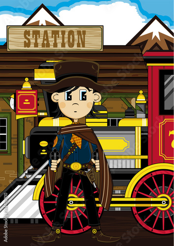 Cartoon Cowboy at Train Station