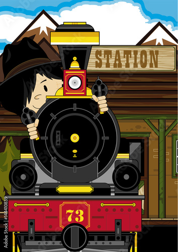 Cartoon Cowboy at Train Station