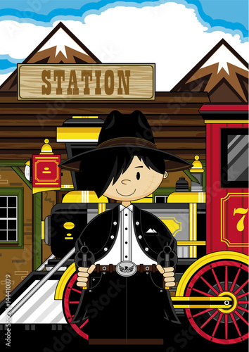 Cartoon Cowboy at Train Station
