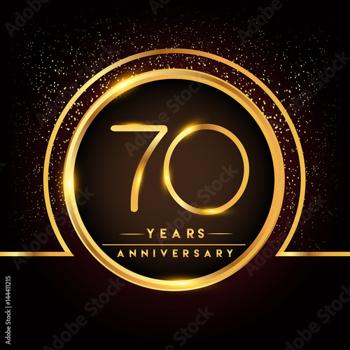 seventy years birthday celebration logotype. 70th anniversary logo with confetti and golden ring isolated on black background, vector design for greeting card and invitation card.