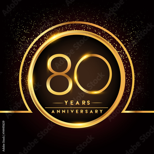 eighty years birthday celebration logotype. 80th anniversary logo with confetti and golden ring isolated on black background, vector design for greeting card and invitation card.