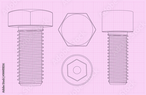 Bolts. Outline icons on technical drawing paper