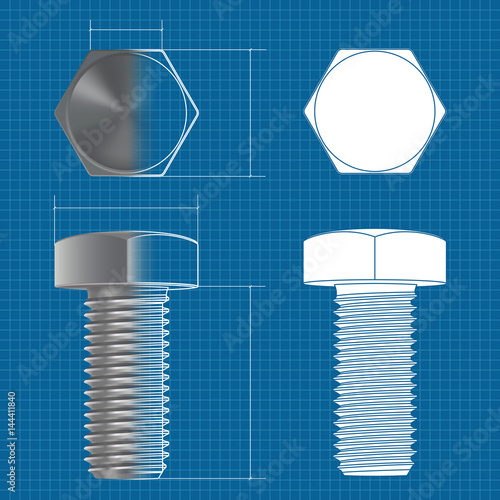 Metal hex bolt. Vector 3d illustration and flat white icon on blueprint background