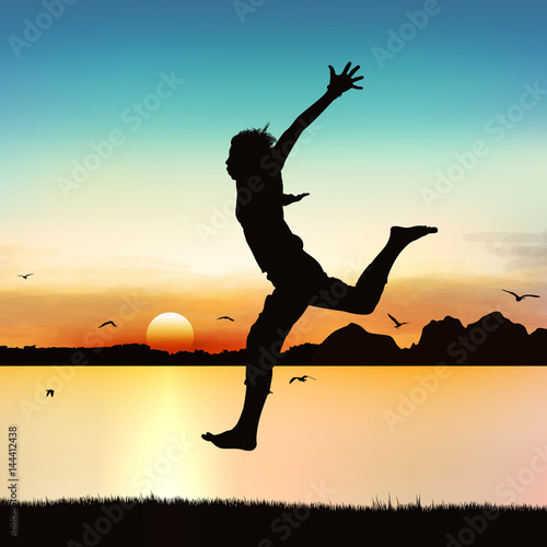 Fototapeta Naklejka Na Ścianę i Meble -  Happy girl jumping, on silhouette art.