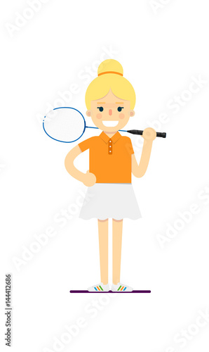 Smiling woman tennis player with racket vector illustration isolated on white background. Sport competition concept, sportswoman personage in flat design.