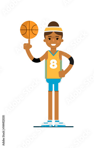 Young black woman basketball player with ball vector illustration isolated on white background. Sport competition concept, sportswoman personage in flat design.