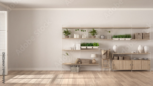 Foto Eco white interior design with wooden bookshelf, diy vertical garden storage she