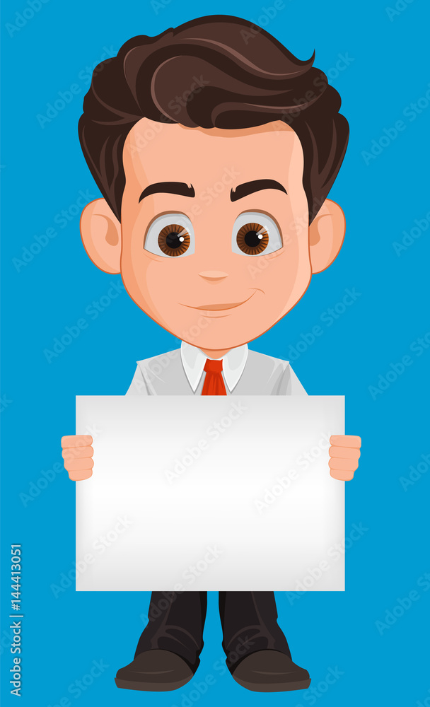 Business man cartoon character. Cute young businessman in office clothes  holding blank banner. Vector illustration Stock Vector | Adobe Stock