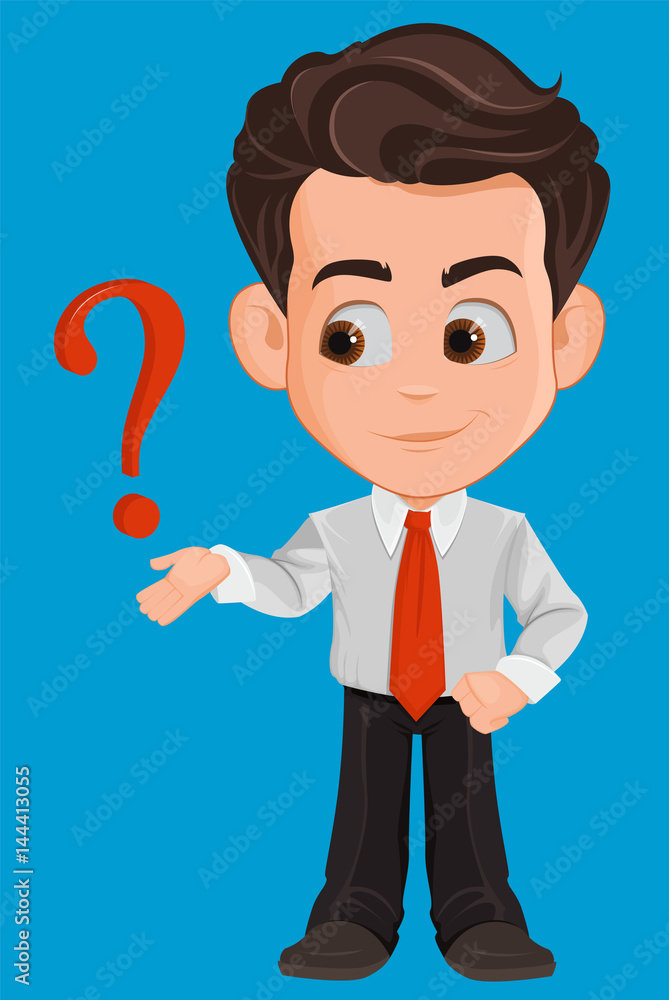 Business man cartoon character. Cute young businessman in office clothes having a question or problem, needs advise. Vector illustration Business man cartoon character. Cute young businessman in office clothes having a question or problem, needs advise. Vector illustration