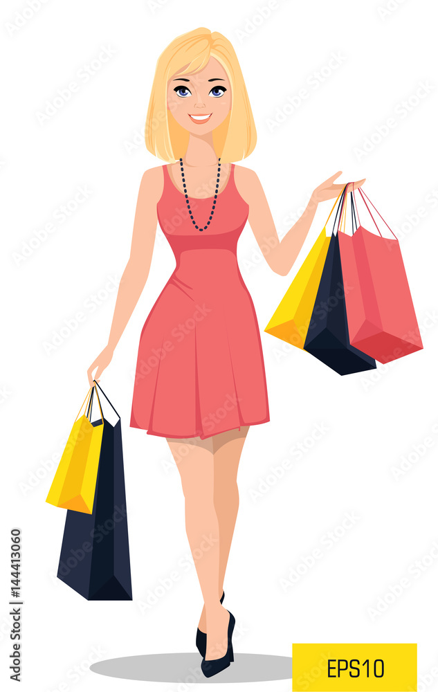 Beautiful woman with bags. Attractive cartoon girl in beautiful  dress on a shopping spree. Vector illustration