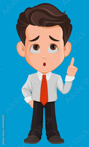 Business man cartoon character. Cute young businessman in office clothes thinking over idea. Brainstorming. Vector illustration
