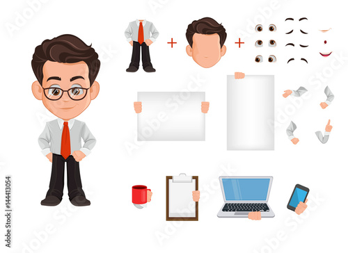 Business man cartoon character creation set, constructor. Cute young businessman in office clothes. Vector illustration