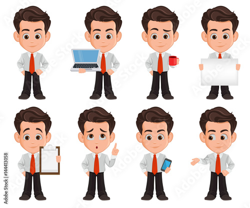 Business man cartoon character. Set of eight illustrations. Cute young businessman in office clothes. Vector illustration