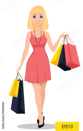 Beautiful woman with bags. Attractive cartoon girl in beautiful  dress on a shopping spree. Vector illustration