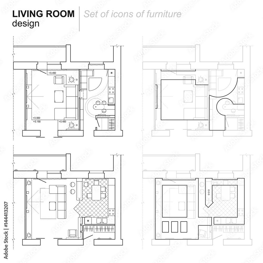 The architectural plan. the layout of the apartment with the furniture in the drawing view. Top. Accommodation with kitchen, living room. The architectural plan. the layout of the apartment with the furniture in the drawing view. Top. Accommodation with kitchen, living room.