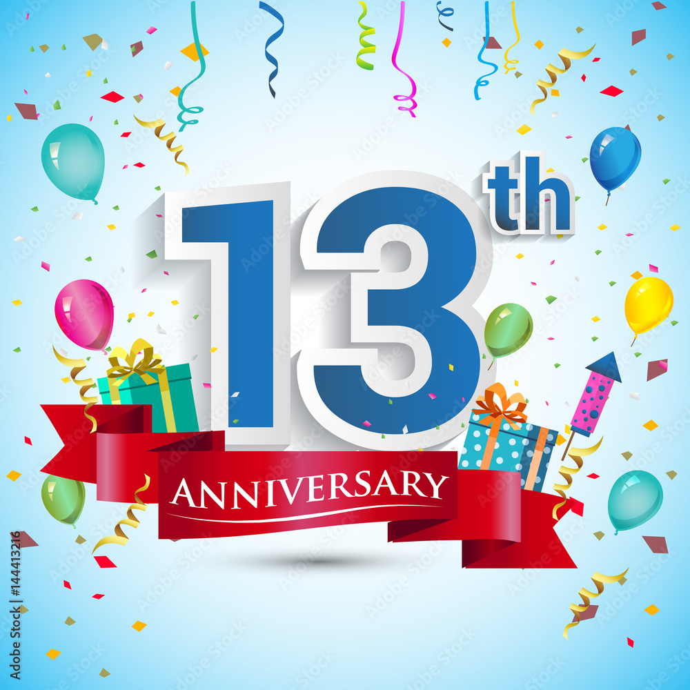 13th Years Anniversary Celebration Design, with gift box and balloons, Red ribbon, Colorful Vector template elements for your thirteen birthday celebrating party. 13th Years Anniversary Celebration Design, with gift box and balloons, Red ribbon, Colorful Vector template elements for your thirteen birthday celebrating party.