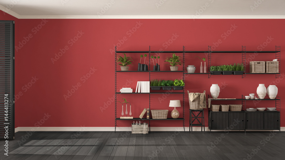 Eco gray and red interior design with wooden bookshelf, diy vertical garden  storage shelving, living room background ilustración de Stock | Adobe Stock