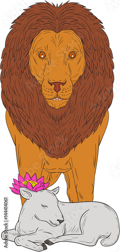 Fototapeta Naklejka Na Ścianę i Meble -  Lion Standing Over Lamb Lotus Flower Drawing