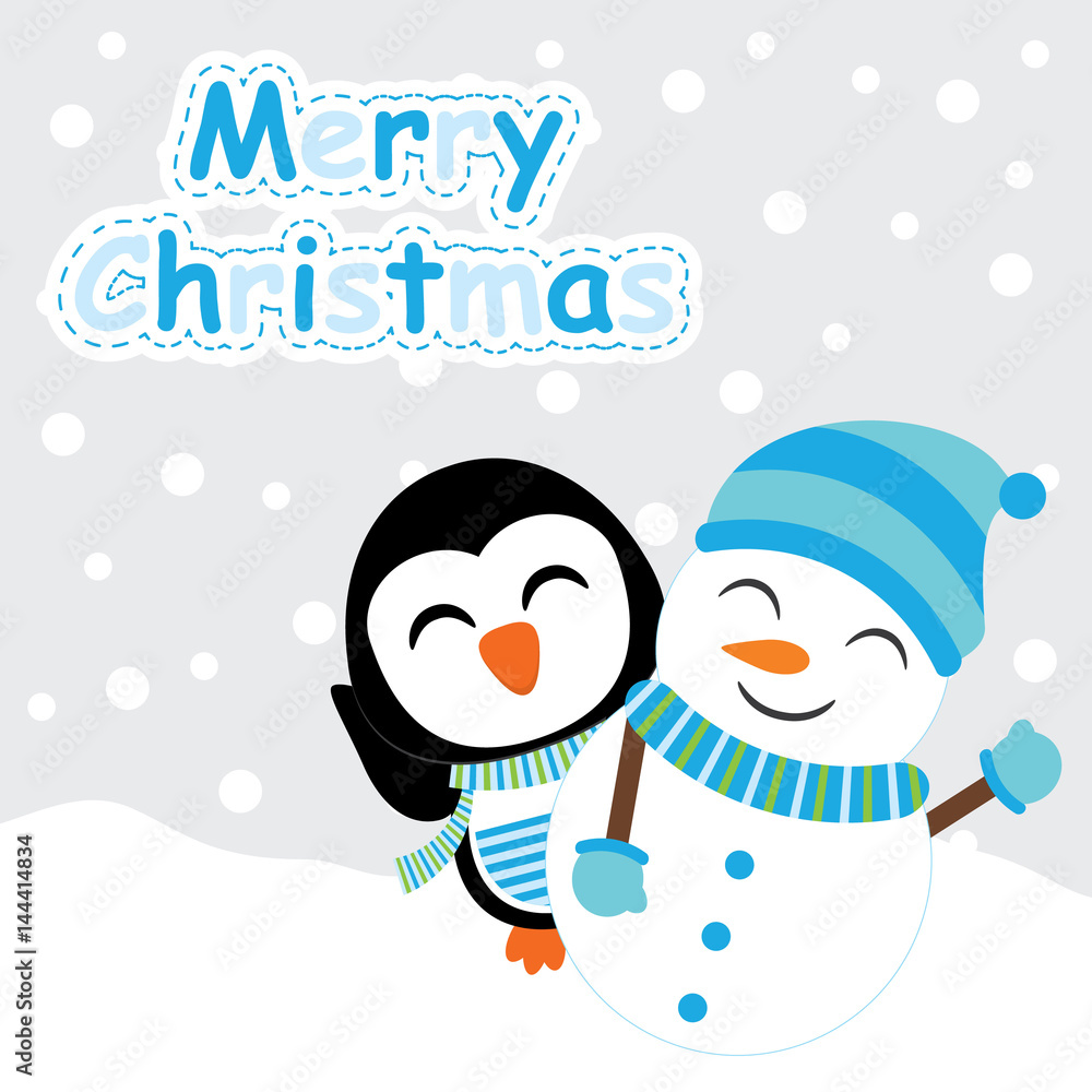 Snow sticker set with cartoon penguins snowman Vector Image