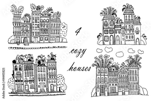 drawing Flower City, set of 3  illustrations with funny fantasy houses, sketch doodle cartoon hand drawn vector illustration