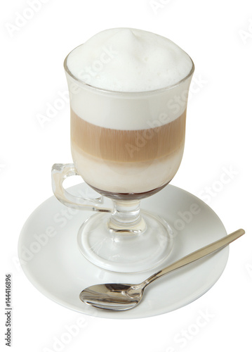 Coffee Latte in a glass with spoon. Isolated on white background