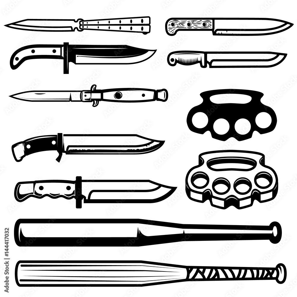 Set of gangsta weapon. Knives, brass knuckle, baseball bats. Design elements for poster, emblem, sign. Vector illustration