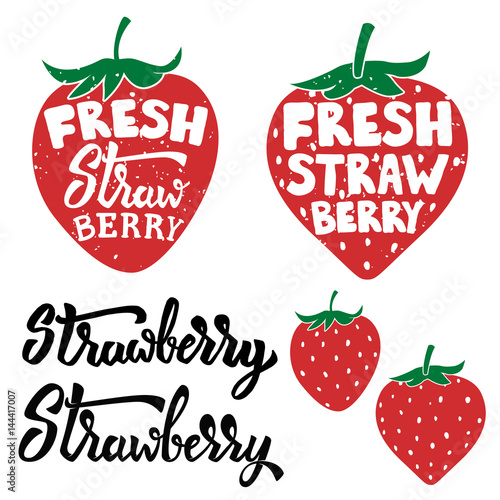 Fresh strawberry labels isolated on white background. Design element for logo, label, emblem, sign. Vector illustration.