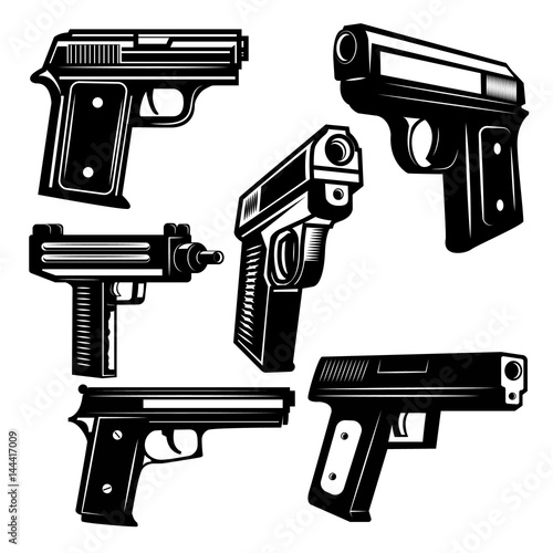 Set of handguns isolated on white background. Design element for logo, label, emblem, sign. Vector illustration.