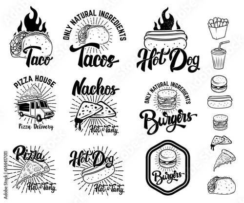 Set of fast food emblems. Taco, hot dog, nachos, burgers, pizza. Design elements for logo, label, emblem, sign, menu. Vector illustration