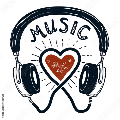 I love music. Hand drawn headphones. Design element for poster, emblem, sign. Vector illustration