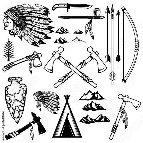 Set of native americans weapon. Mountains icons. Design elements for logo, label, emblem, sign, poster. Vector illustration