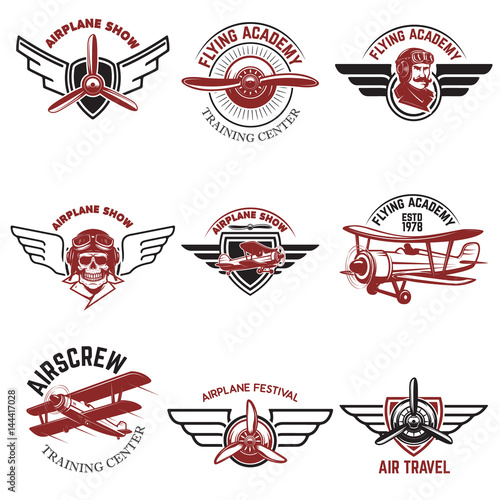 Set of air force, airplane show, flying academy emblems. Vintage planes. Design elements for logo, badge, label. Vector illustration.