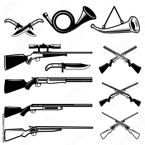Set of hunting weapon isolated on white background. Design element for logo, label, emblem, sign. Vector illustration