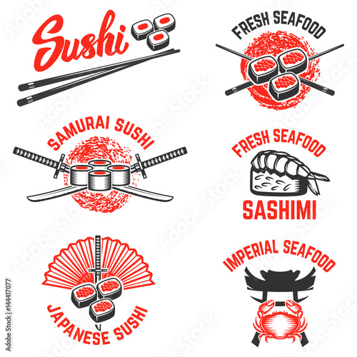 Set of Sushi labels. Japanese seafood. Samurai sword. Design elements for logo, label, emblem, sign,menu. Vector illustration
