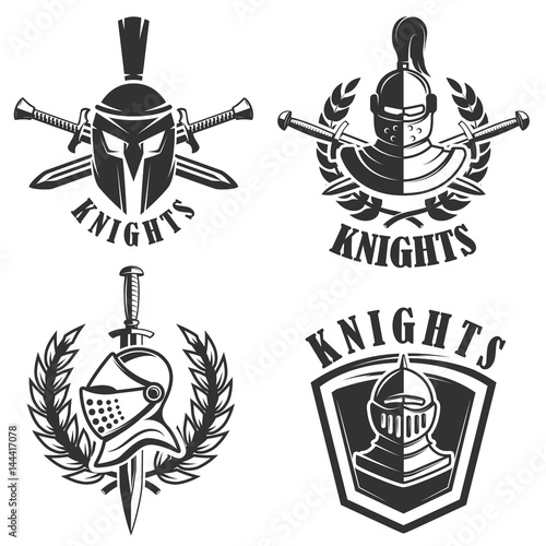 Set of the emblems with knights helmets and swords. Design elements for logo, label, badge, sign. Vector illustration