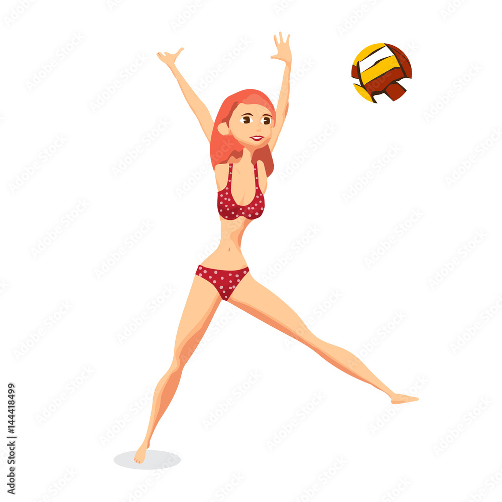 Young woman in red bikini playing volleyball at beach. Girl beats the ball in the game. Flat isolated vector illustration Young woman in red bikini playing volleyball at beach. Girl beats the ball in the game. Flat isolated vector illustration