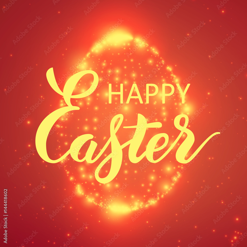 The Easter shining egg of glowing points. Sparkling egg on colorful red background with tiny flares and beautiful handwritten calligraphy. Happy Easter lettering.