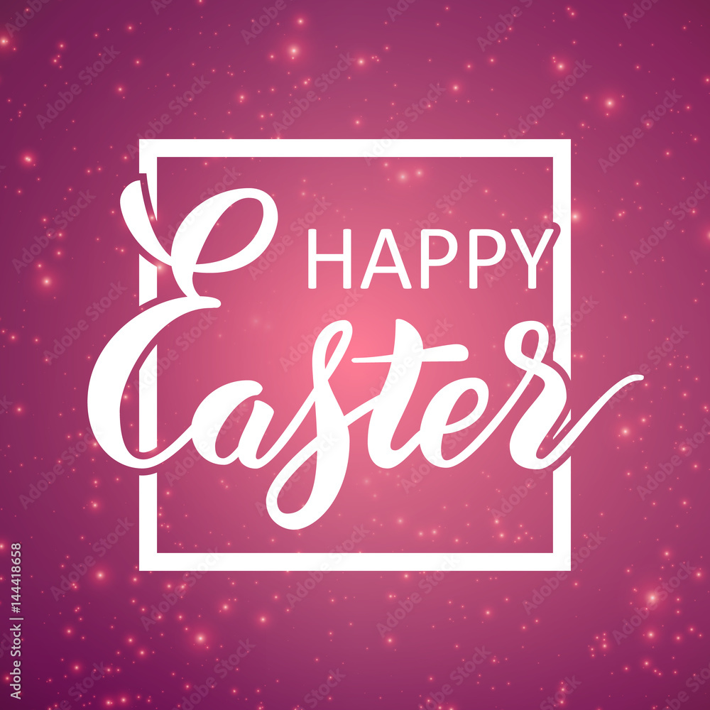 The Easter card with glowing points. Sparkling stars on colorful violet background with tiny flares and beautiful handwritten calligraphy. Happy Easter lettering.