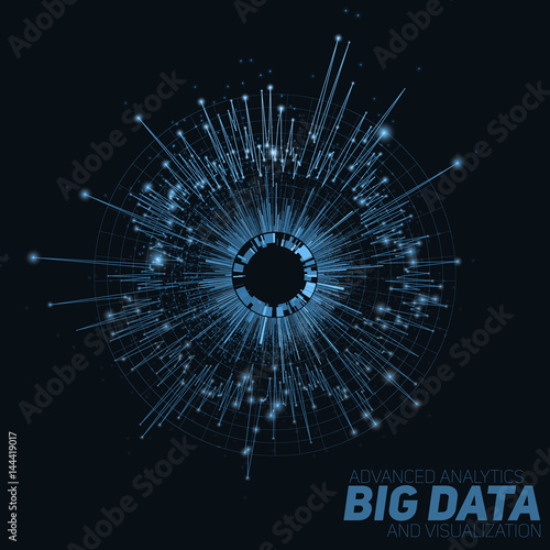 Vector abstract blue round big data visualization. Futuristic infographics design. Visual information complexity. Intricate data threads graphic. Social network or business analytics representation.