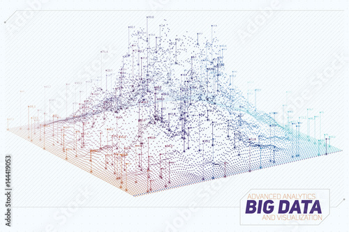 Vector abstract 3D big data visualization. Futuristic infographics aesthetic design. Visual information complexity. Intricate data threads graphic. Social network or business analytics representation