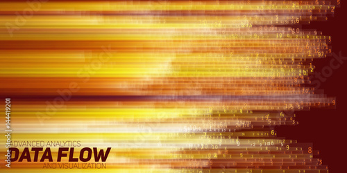 Vector abstract big data visualization. Orange flow of data as numbers strings. Information code representation. Cryptographic analysis. Bitcoin, blockchain transfer. Stream of encoded data.