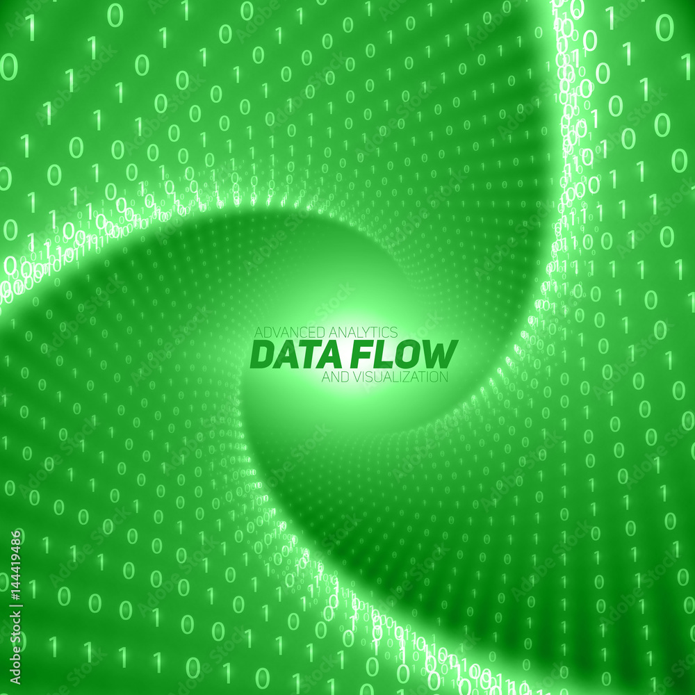 Vector data flow visualization. Green flow of big data as binary numbers strings twisted in tunnel. Information code representation. Cryptographic analysis. Bitcoin blockchain transfer. Stream of code Vector data flow visualization. Green flow of big data as binary numbers strings twisted in tunnel. Information code representation. Cryptographic analysis. Bitcoin blockchain transfer. Stream of code