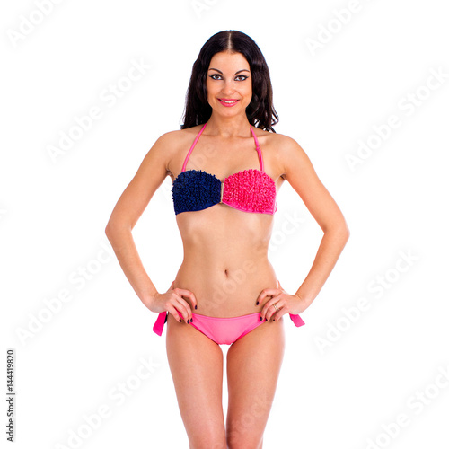 Snap model. Portrait of young woman wearing pink and blue bikini