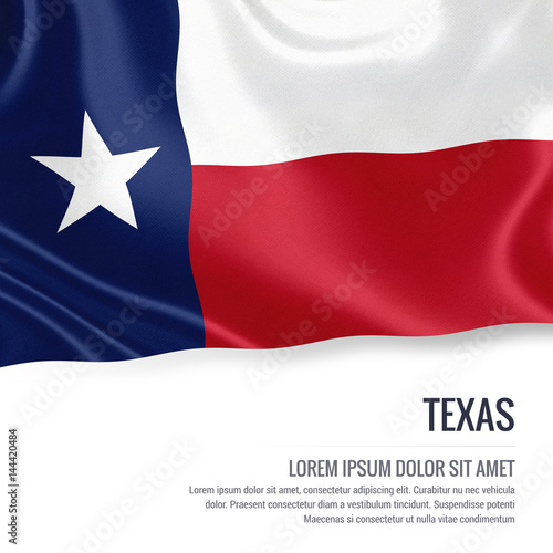 Flag of U.S. state Texas waving on an isolated white background. State name and the text area for your message. photo