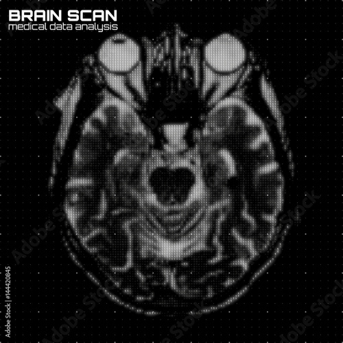 Vector grayscale abstract brain tomography analysis illustration. Digital brain x-ray scan. Medical data MRI visualization concept. Futuristic healthcare software HUD UI. Data driven image. Human head