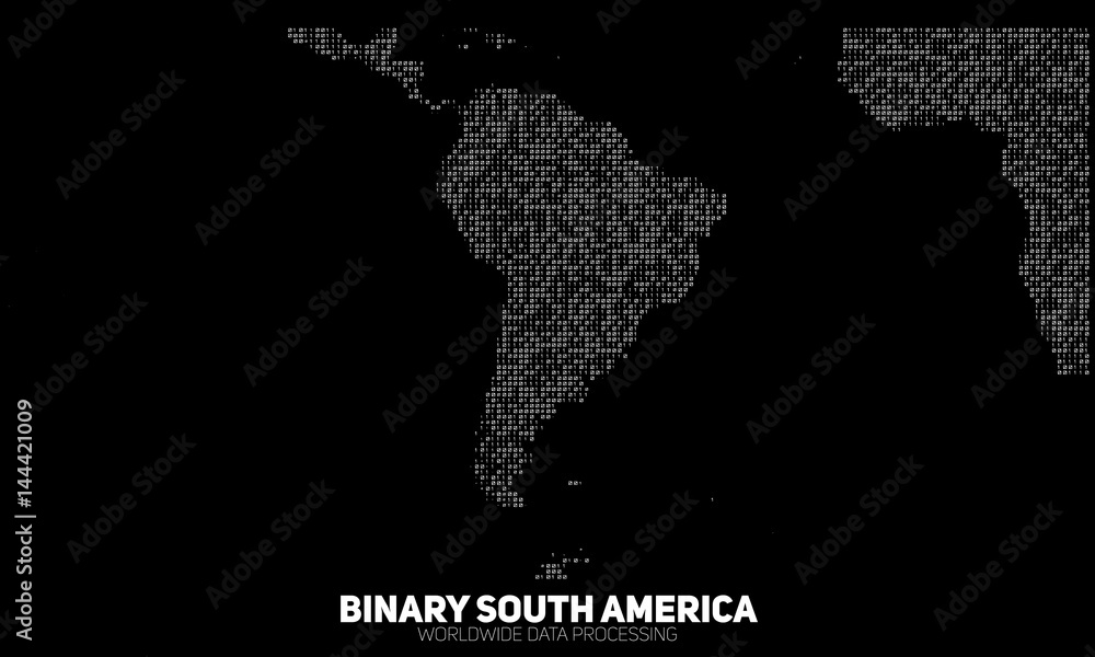 Vector abstract binary South America map. Continents constructed from binary numbers. Global information network. Worldwide network. International data. Digital world in modern cyber reality.