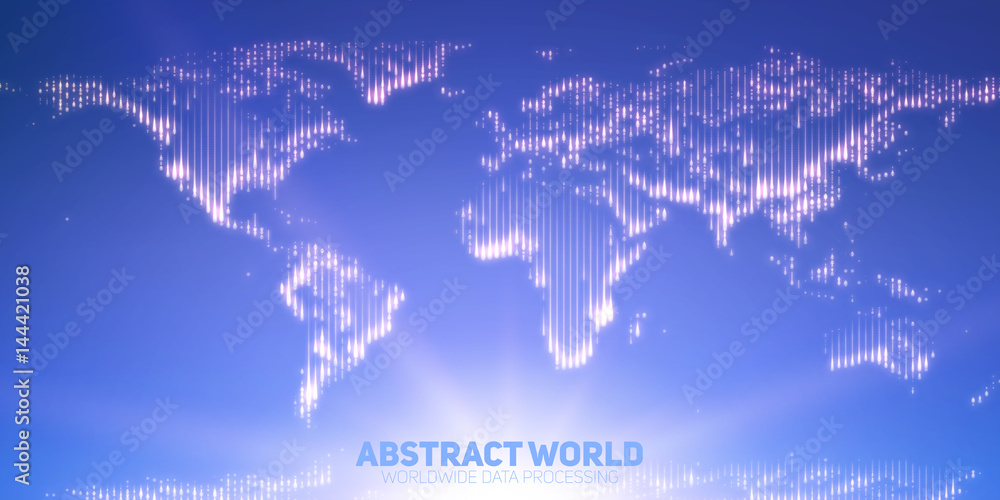 Abstract vector world map constructed of glowing points. Continents with a flare in the bottom. Digital map abstraction in light blue colors. Digital continents. Global information network. Abstract vector world map constructed of glowing points. Continents with a flare in the bottom. Digital map abstraction in light blue colors. Digital continents. Global information network.