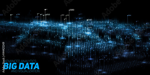 Vector abstract 3D big data visualization. Futuristic infographics aesthetic design. Visual information complexity. Intricate data threads graphic. Social network or business analytics representation