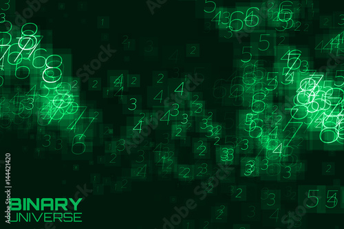 Vector abstract big data visualization. Green glowing data flow as binary numbers. Computer code representation. Cryptographic analysis, hacking. Bitcoin, blockchain transfer. Pattern of program code